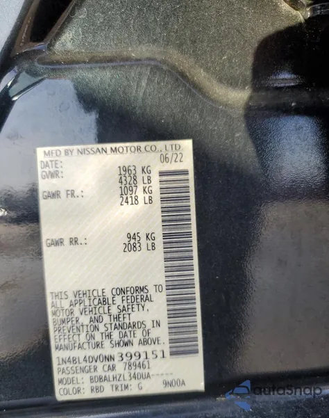 2022 Nissan Altima Sv из США, поврежденный, VIN 1N4BL4DV0NN399151